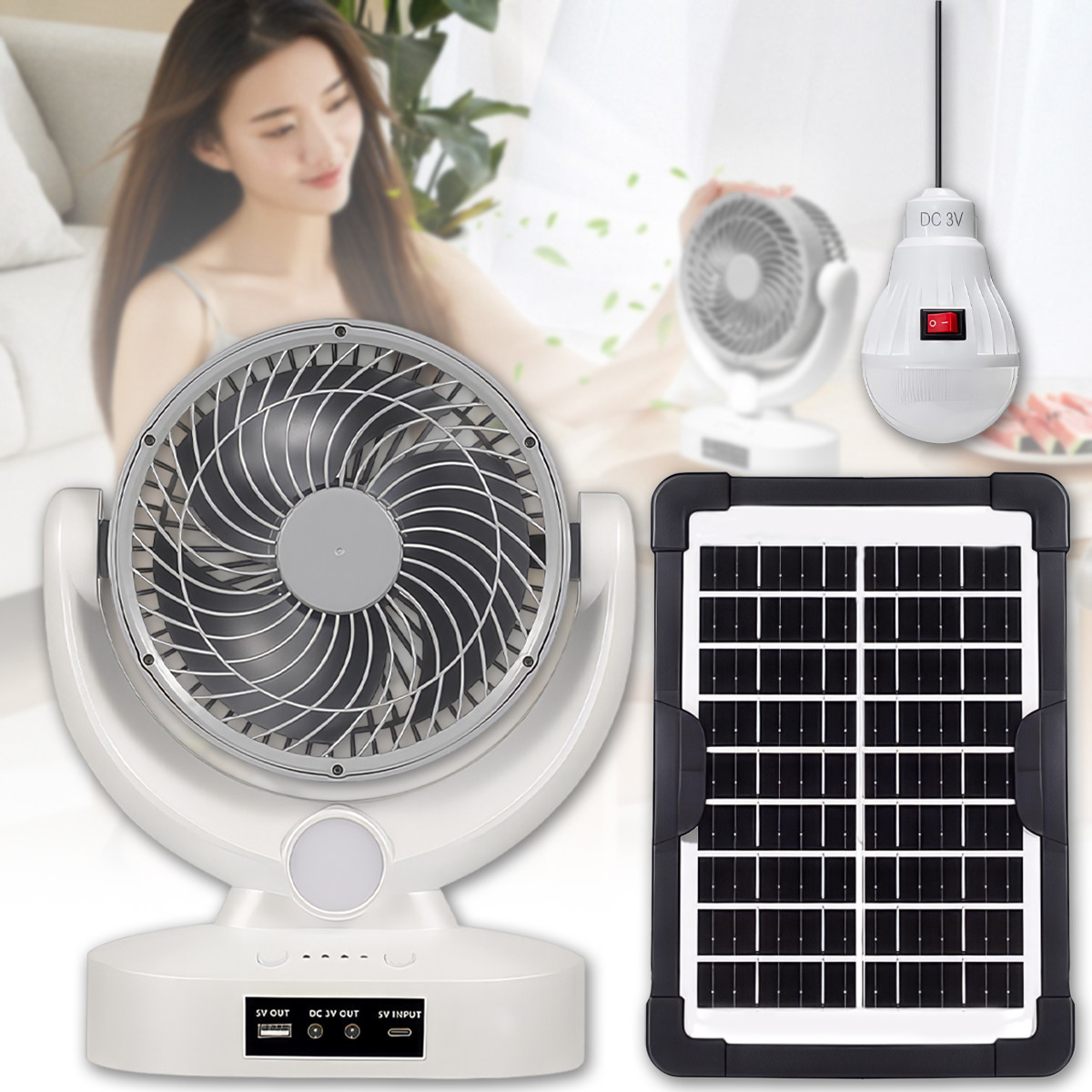 Акумуляторний вентилятор 8" із сонячною панеллю та LED лампою Megatop MT-801LS, фото 1