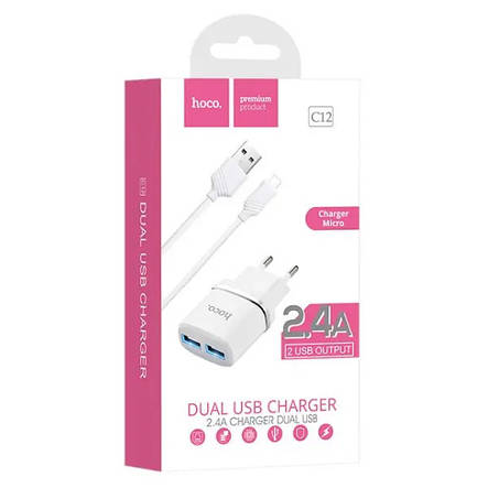 МЗП HOCO C12 Smart 2.4A 2USB + кабель Micro white, фото 2