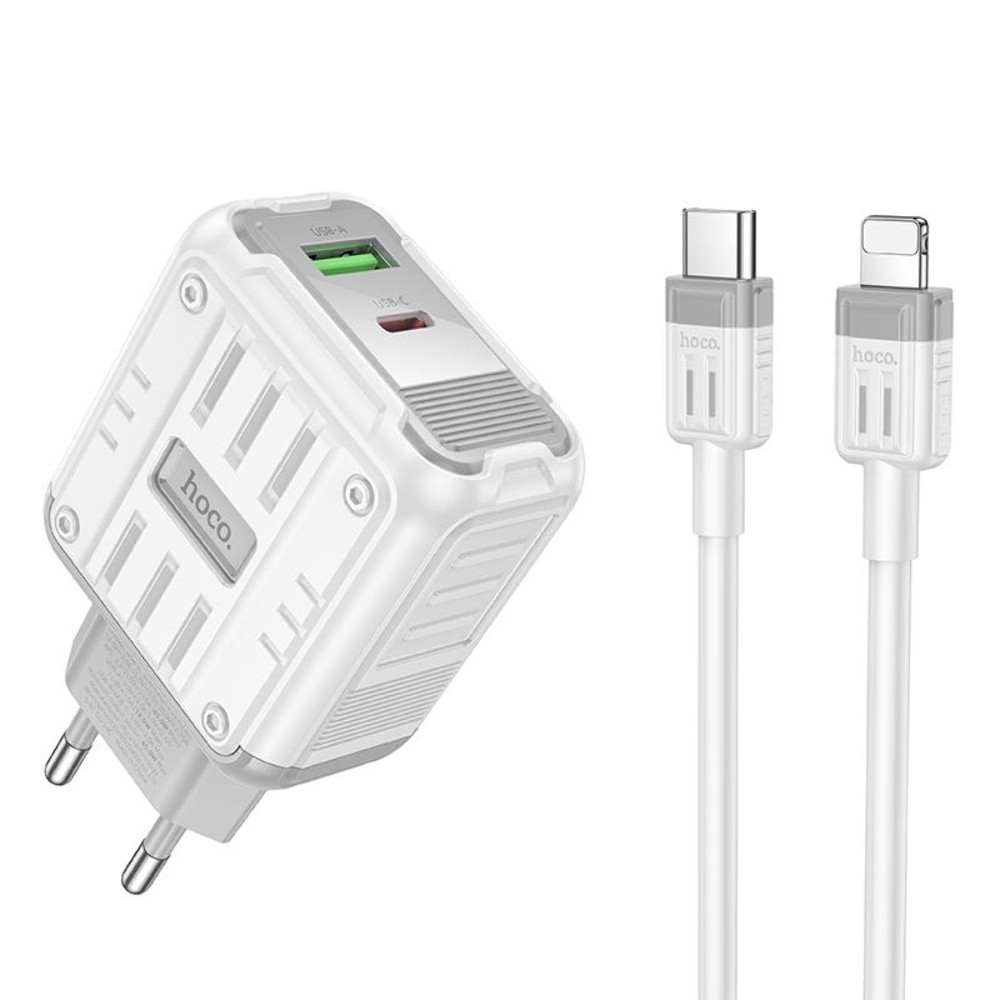 Мережевий зарядний пристрій Hoco C136A USB/Type-C PD 45 W white + кабель Type-C to Lightning
