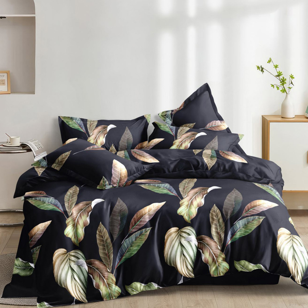 Чорна тканина 220 см для постільної білизни Полісатин 135 рослинний принт листя, у рулоні 60м