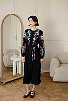 Чорна вишита сукня з льону "Розмай"  довжиною міді, арт. 4671