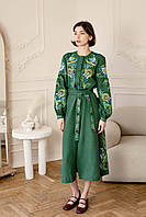 Зелена вишита сукня з льону "Розмай"  довжиною міді, арт. 4674