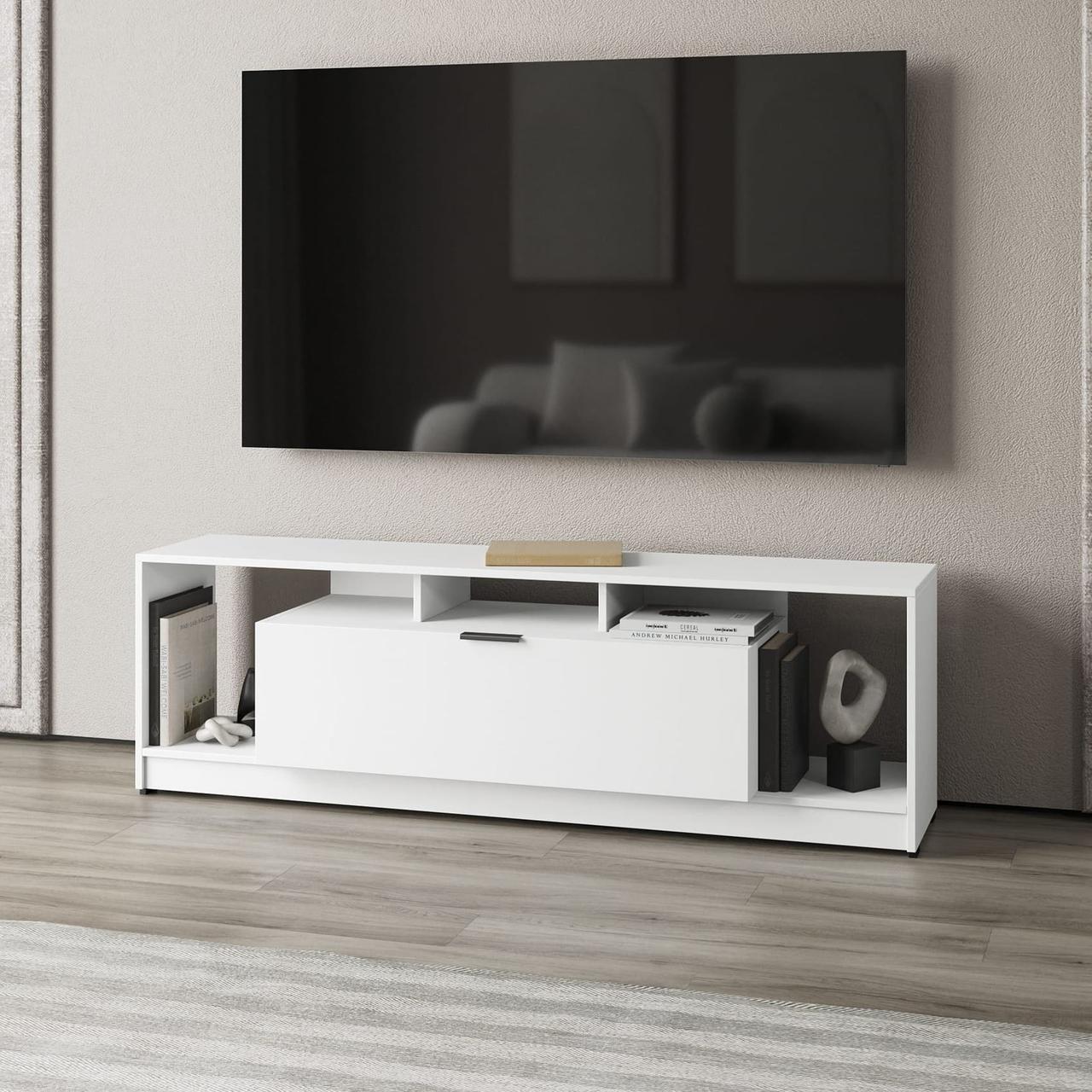 Тумба під TV широка з 3 відкритими полицями і 1 закритою з ламінованого ДСП довгі тумби під тв у вітальню, фото 1