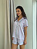 Сатинова піжама жіноча комплект — літній одяг для сну, шорти та сорочка на ґудзиках, домашній костюм, фото 2