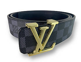 Ремінь шкіряний Louis Vuitton ширина 38мм колір Чорний з сірим пряжка золото