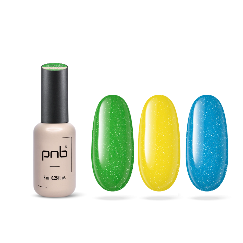 Набір гель-лаків PNB Juicy Spark Shimmer 3 в 1 (Kivi Spark, Lemon Pop, Indigo Plum) - Яскравий шиммер, 8 мл