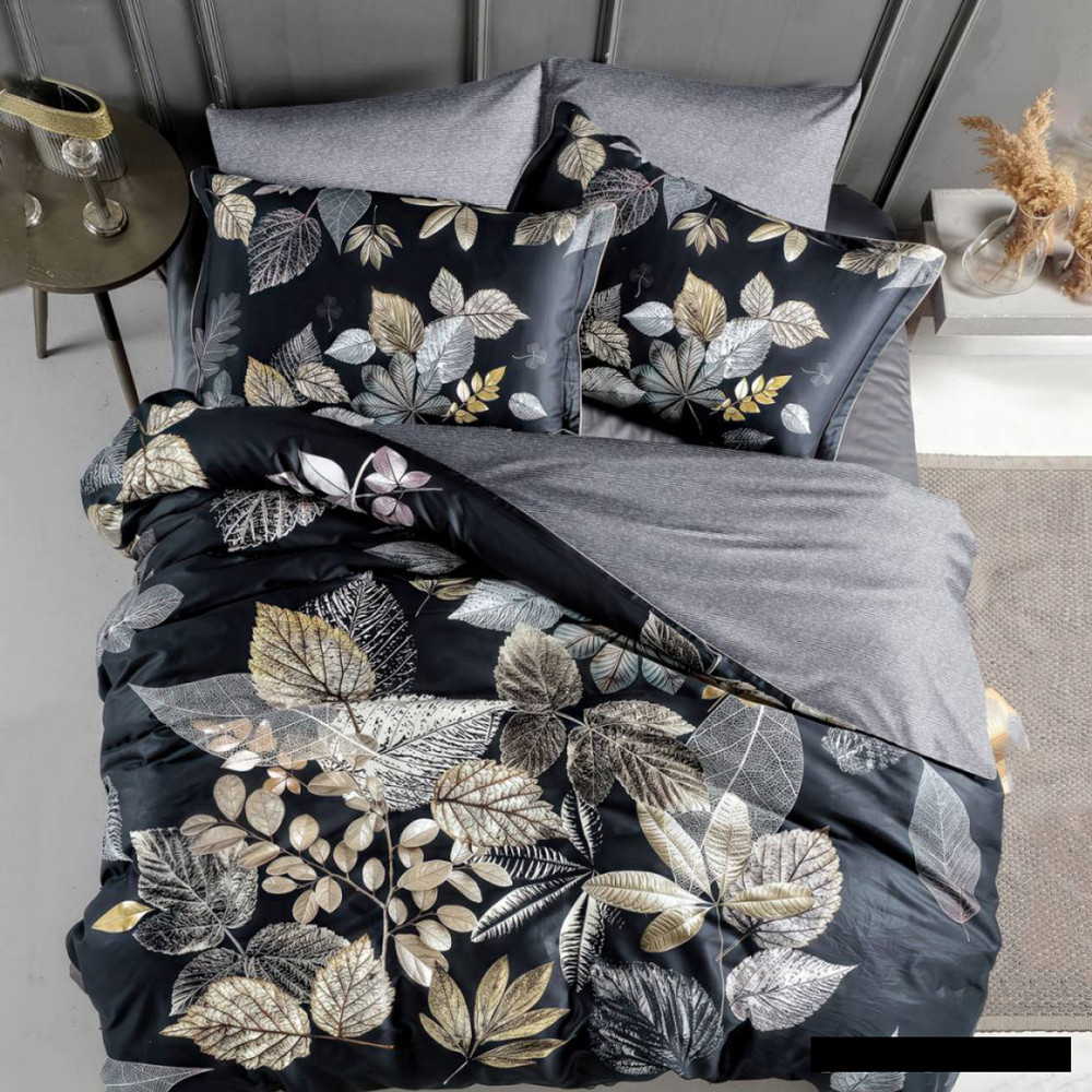 Чорна тканина 220 см для постільної білизни Полісатин 135 рослинний принт листя, у рулоні 60м