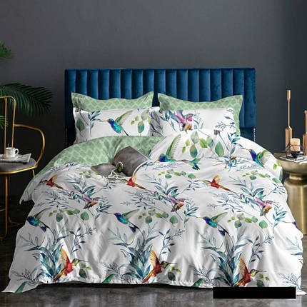 Тканина для постільної білизни Полисатин 135 SP135-N-028 (60м) пташечки та тропічний принт, фото 1