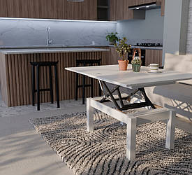 Стильний білий журнальний столик трансформер розкладающийся в обідній з підйомним механізмом Батерфляй