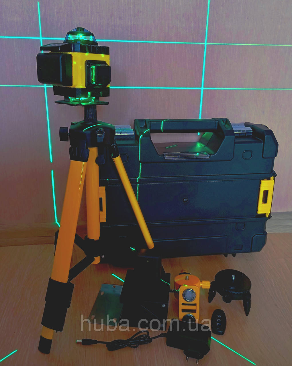 Лазерний рівень 16-лінійний 4D x 360 °, сенсорні кнопки, 2 АКБ, пульт ДК, штатив, екран, набір для установки, кейс.