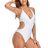 Купальник жіночий білий монокіні з торочками на зав'язках, фото 4