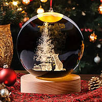 Популярний! Дитячий нічник кришталеву кулю кіт з ялинкою на деревяні підставки - Краща якість тільки на Nukleon.com.ua