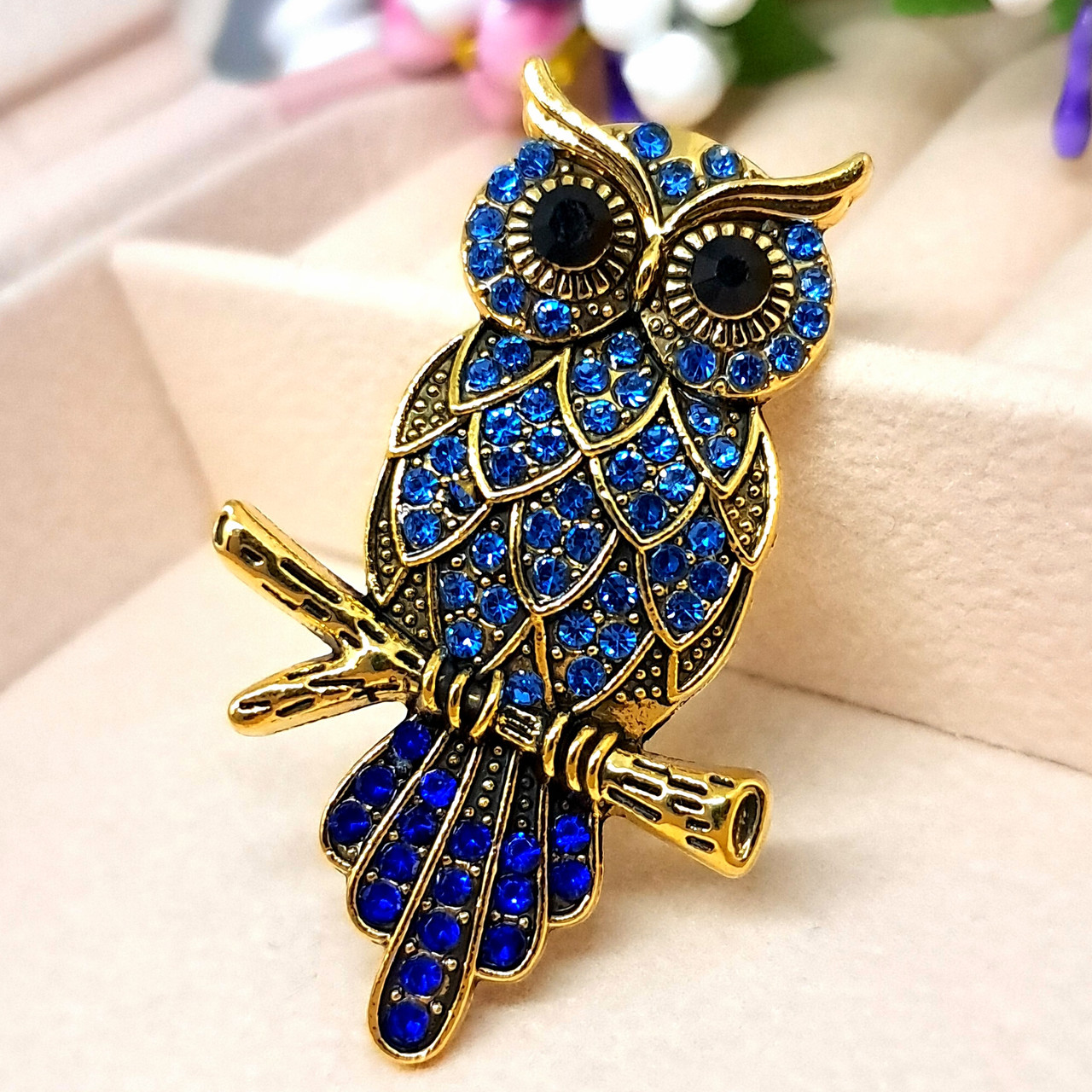 Брошка Сова сині камені розмір 42 мм × 25 мм код 0242