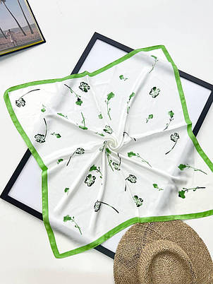 Шовкова хустка Квіточки 70*70 см білий/зелений, фото 1