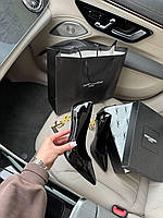 Женские туфли Yves Saint Laurent (YSL) на золотом каблуке черные брендовые эко-кожа