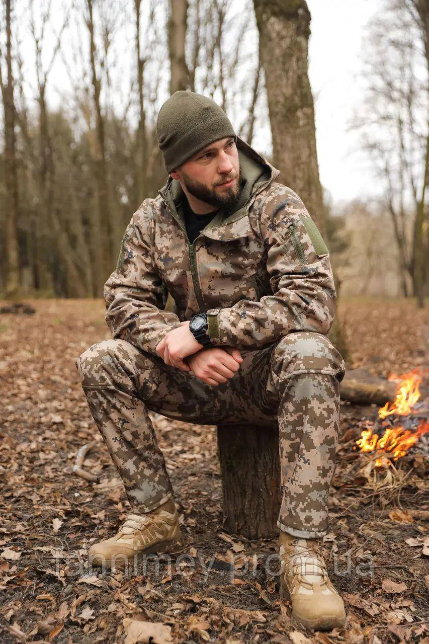 Демісезонний тактичний військовий костюм Soft Shell піксель ЗСУ комплект куртка з капюшоном і штани - фото 1 - id-p2621149864