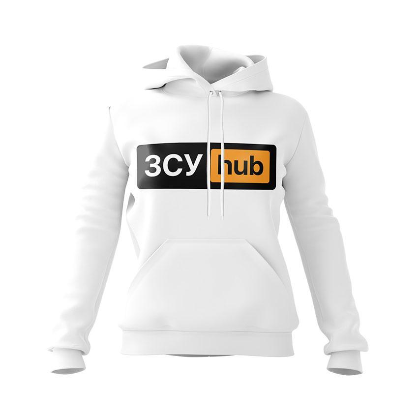 Худі жіноче з принтом «ЗСУ Hub. Сила України. Power of Ukraine» білий