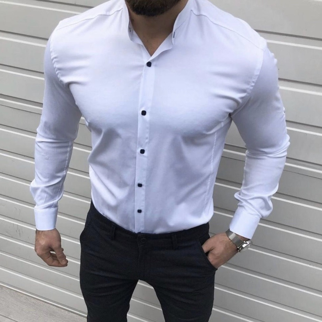 Чоловіча біла сорочка Varetti на чорних кнопках, приталена, з комірцем-стійкою  XXL, Білий, фото 1