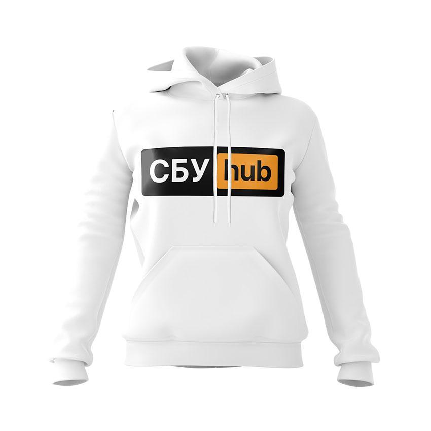 Худі жіноче з принтом «СБУ Hub. Сила України. Power of Ukraine» білий