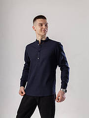 Сорочка з льону чоловіча синя однотонна синя. Сорочка casual на ґудзиках синя Pobedov Exlnt S