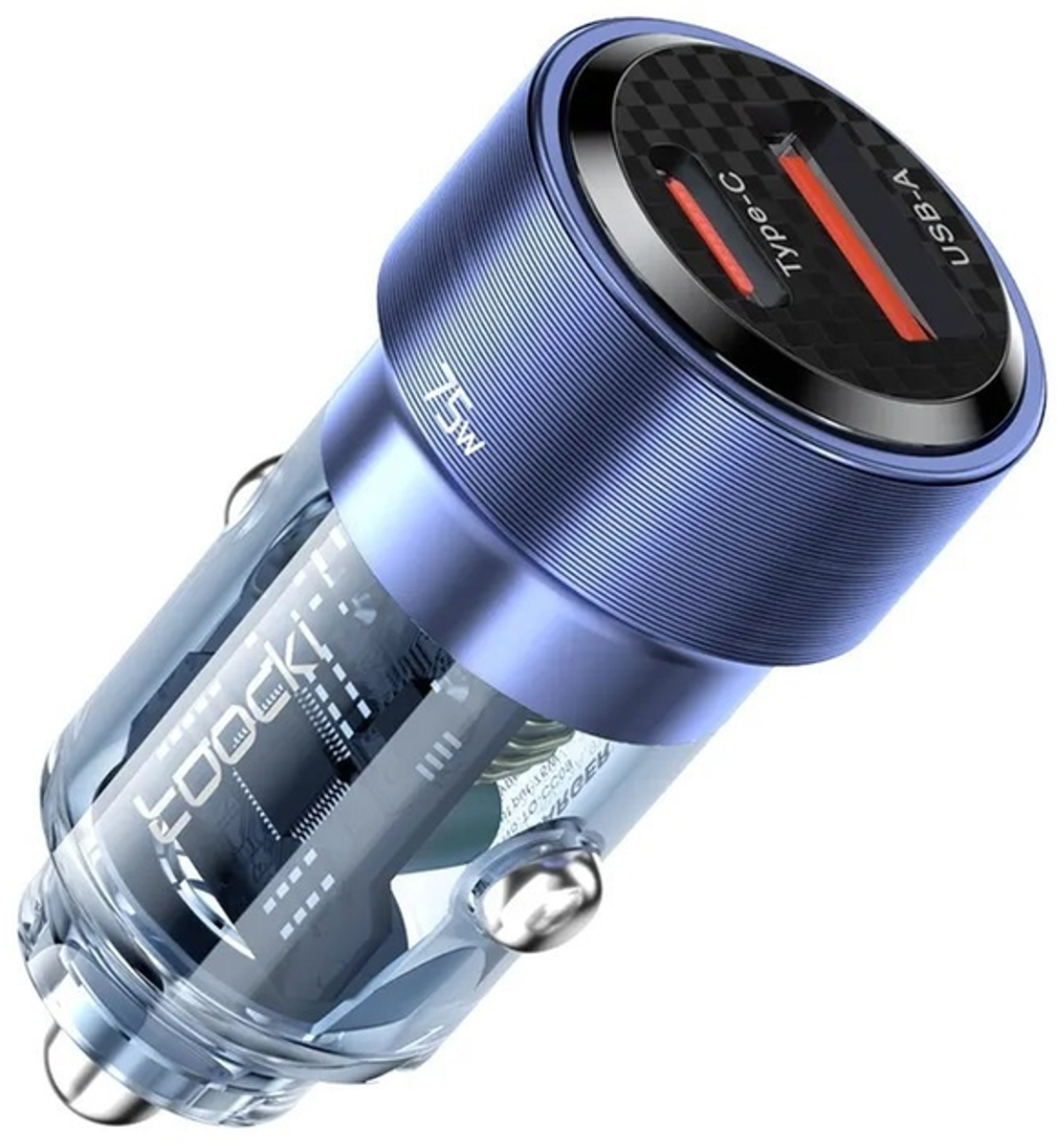 Автомобільний зарядний пристрій Toocki 75W (Type-C 45W + USB 30W) з підтримкою швидкої зарядки, синій прозорий