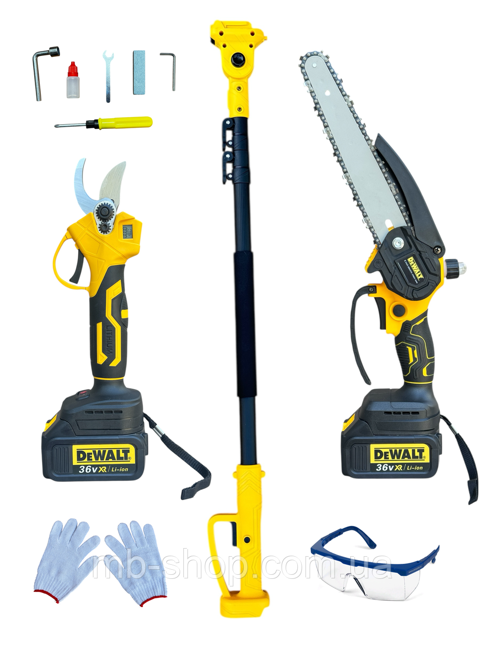 Набір 3в1 АКБ DeWalt 36V 6А зі змащенням ланцюга (Пила DCM160HN + Секатор DCMPP540P1 Digital + штанга 3 м)