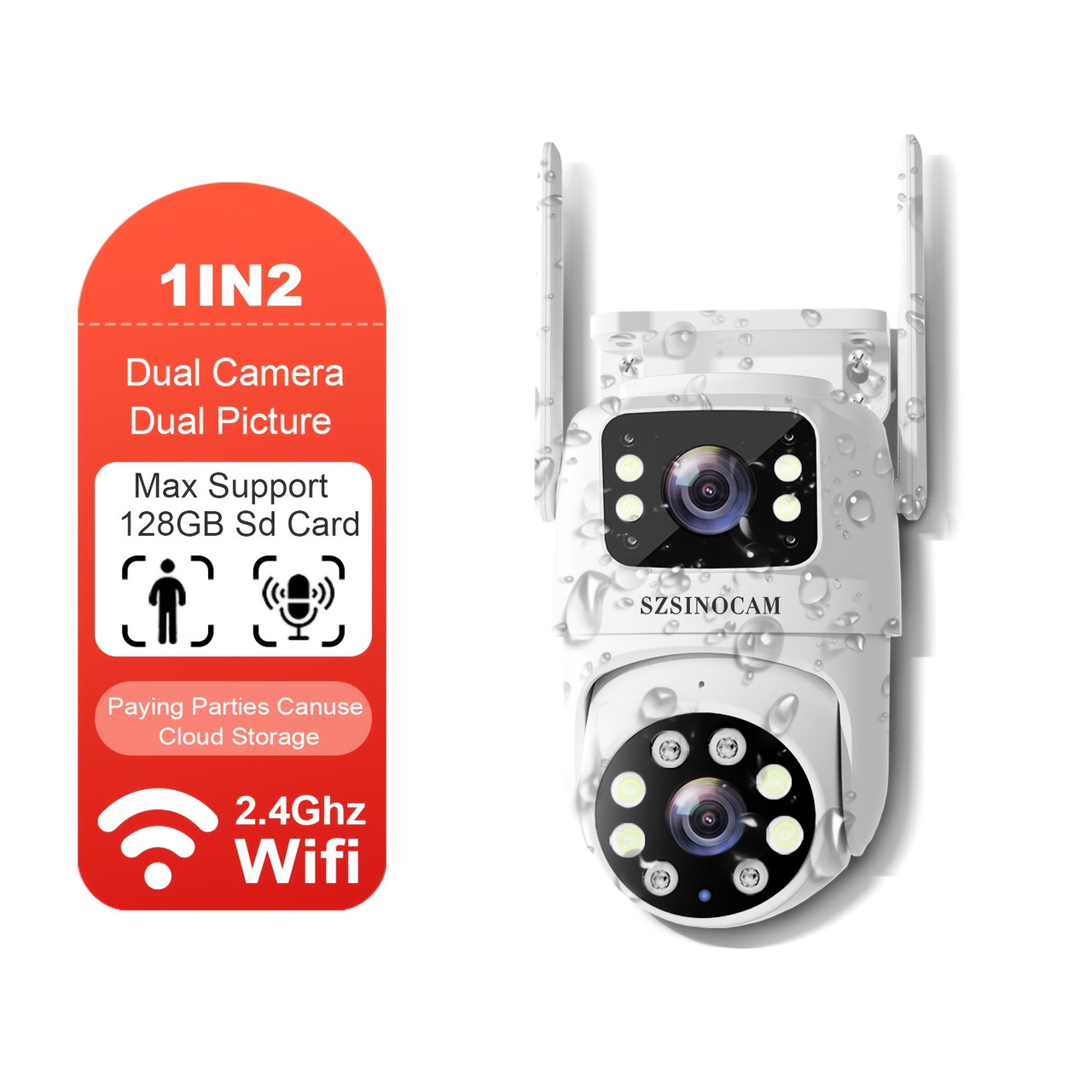 Зовнішня Wi-Fi IP-камера SZSINOCAM 720P з подвійним об’єктивом, кольоровим нічним баченням, AI-відстеженням руху