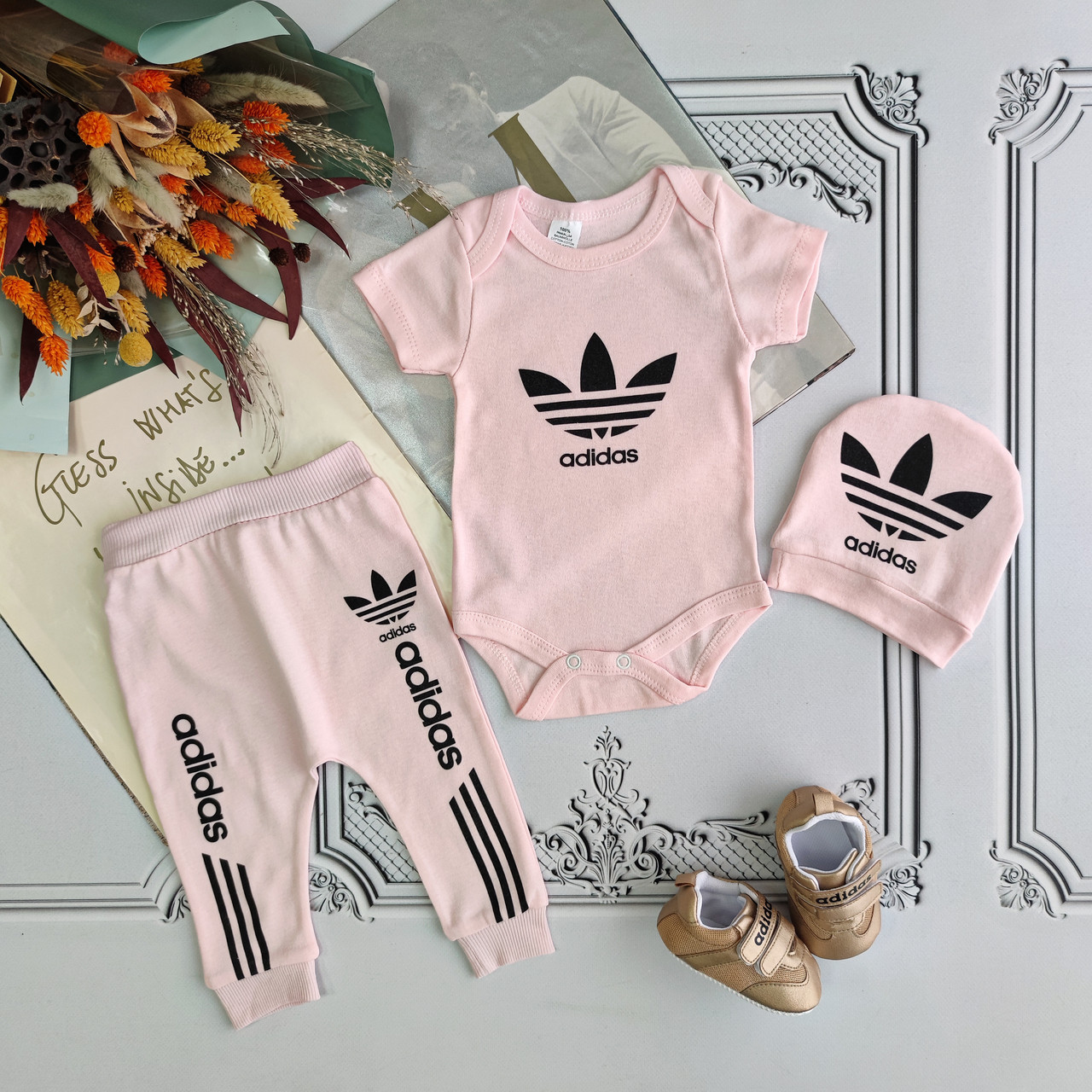 Рожевий костюм Adidas для новонародженої дівчинки, комплект 3 предмети