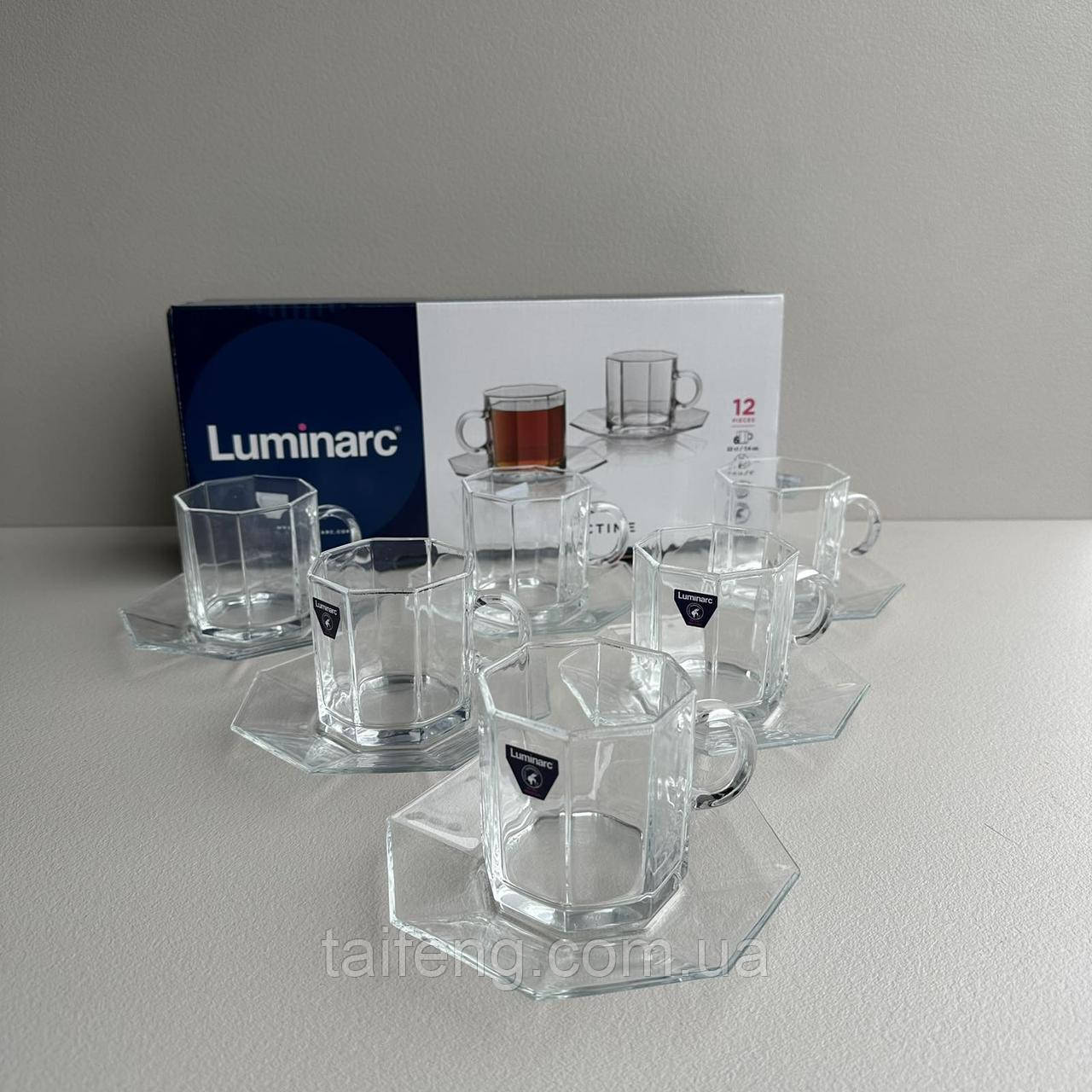 Сервіз чайний скляний 12 предметів (6 чашок і 6 блюдець) 220 мл Luminarc Octime X0323