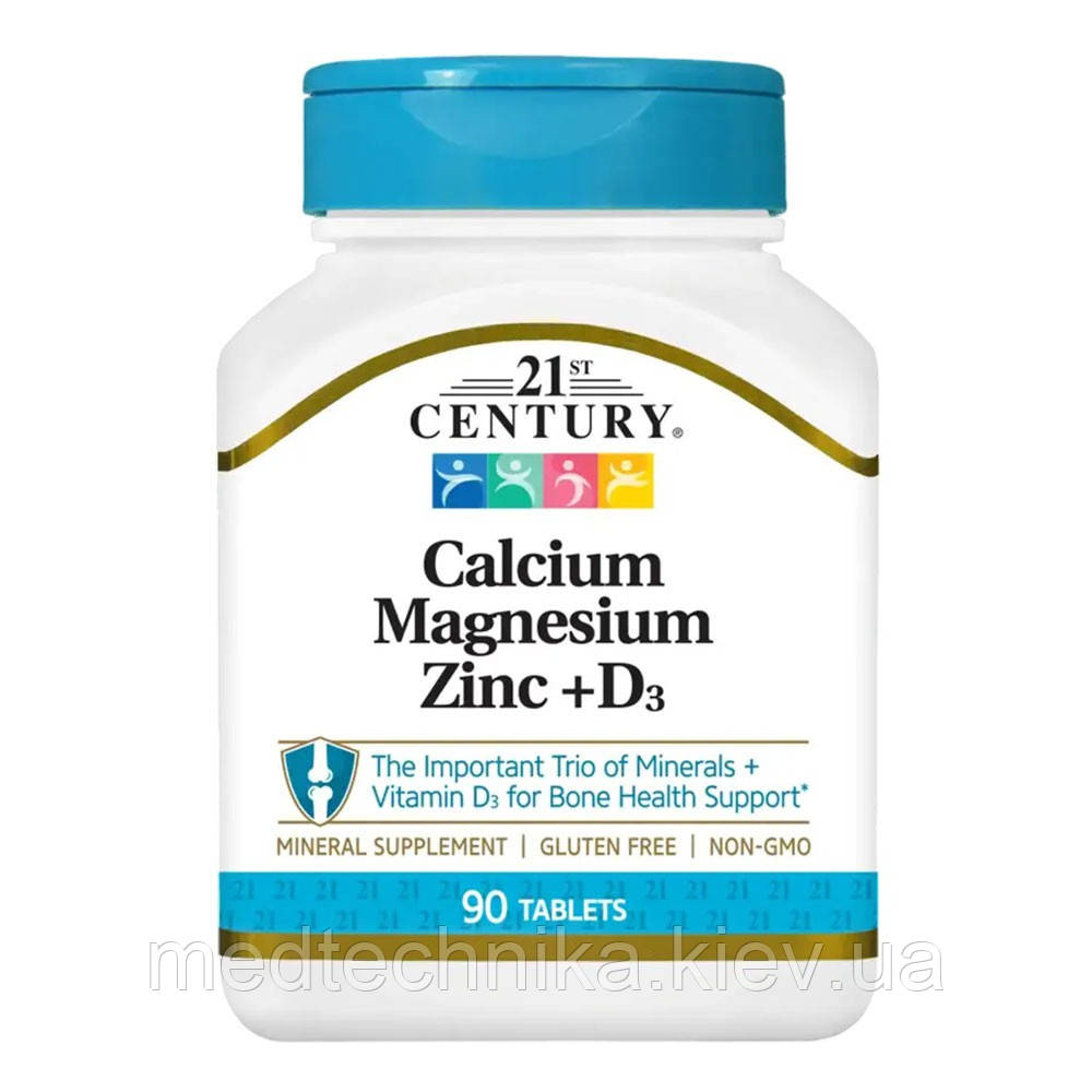 Кальцій-Магній-Цинк + вітамін D3, 90 таблеток, 21st Century, фото 1