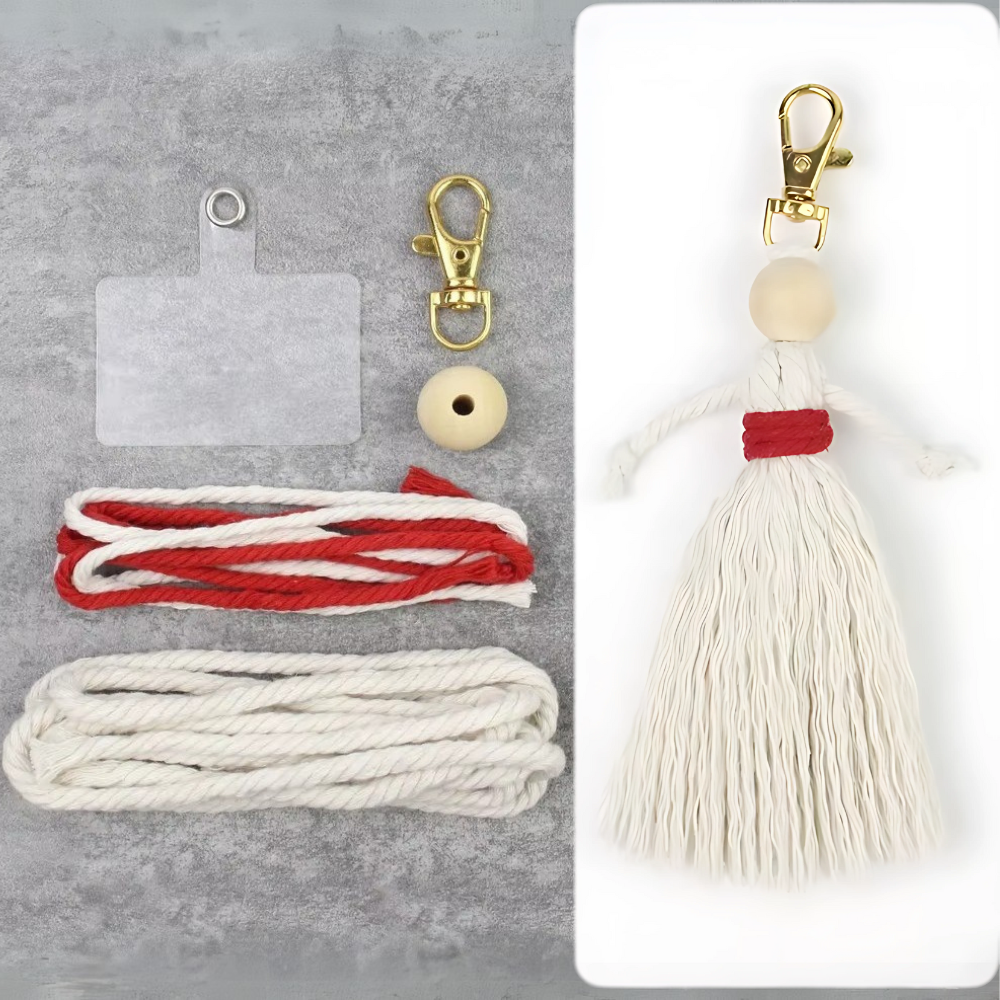 Набір макраме для рукоділля та плетіння брелока «Лялечка» для ключів і аксесуарів білий з червоним, фото 1