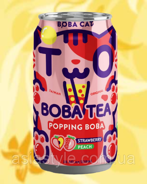Чай Бабл зі смаком персика та полуниці, Bubble tea with peach and strawberry, Boba Cat,320 мл * 24шт, АФГ