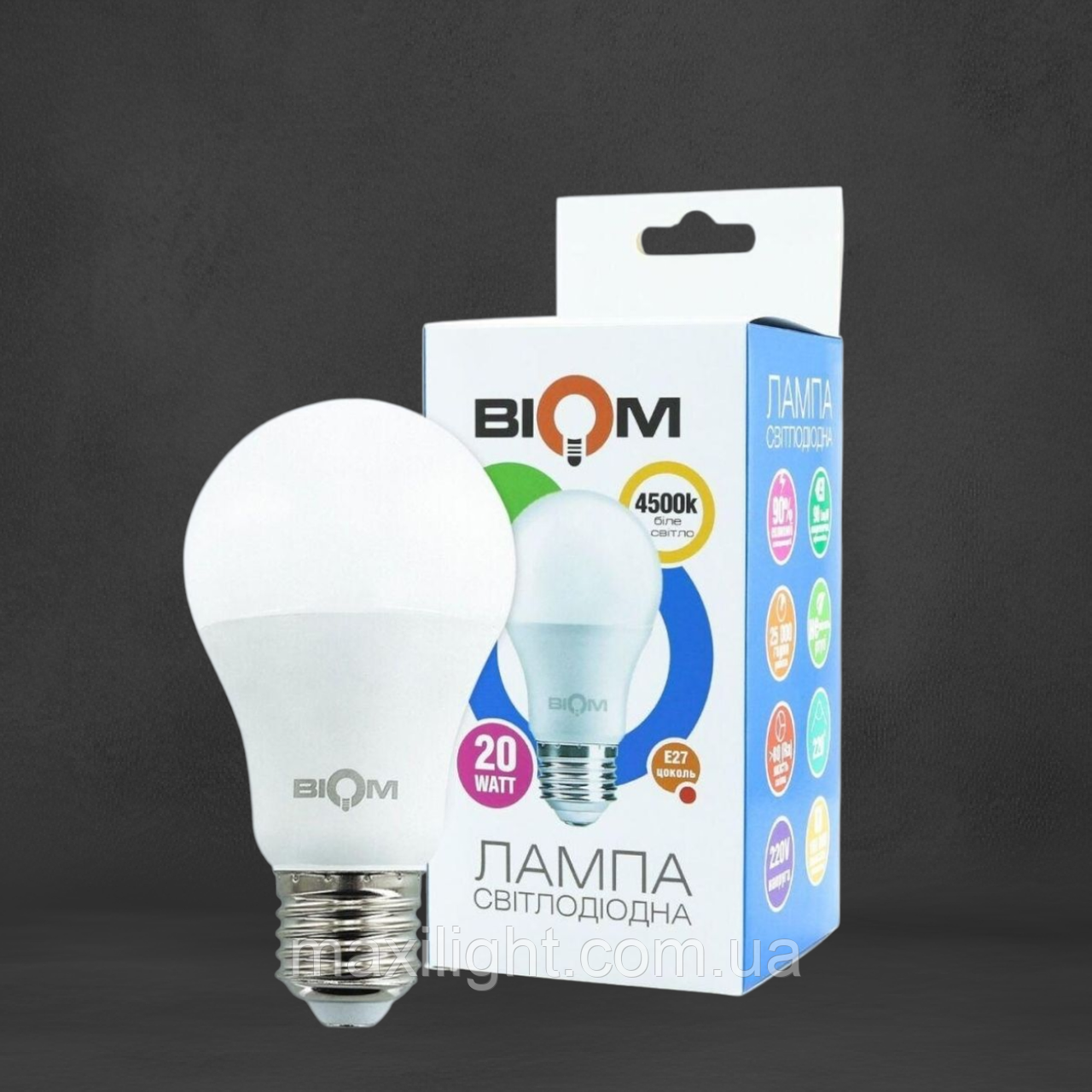 Світлодіодна лампа BIOM A80 20W E27 4500К нейтральний білий