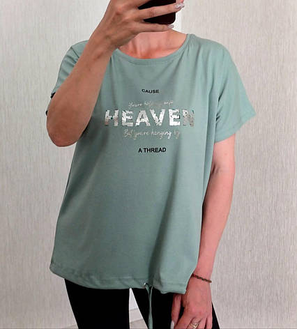 Футболка жіноча батал оливкового кольору з написом HEAVEN і шнурочком розміри М (50/52), L (52/54), фото 1