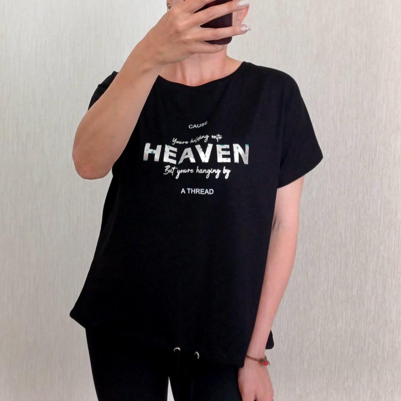 Футболка жіноча батал чорного кольору з написом HEAVEN і шнурочком розміри М (50/52), L (52/54)