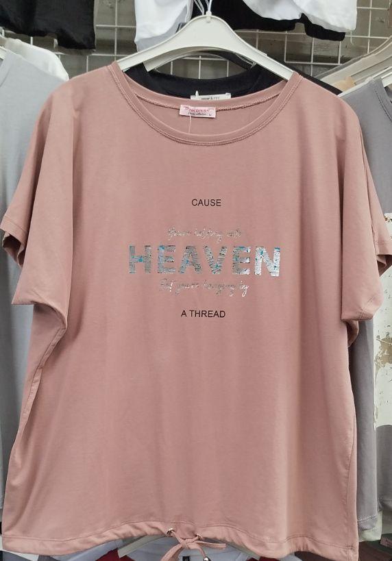 Футболка жіноча батал кольору капучино з написом HEAVEN і шнурочком розміри М (50/52), L (52/54)