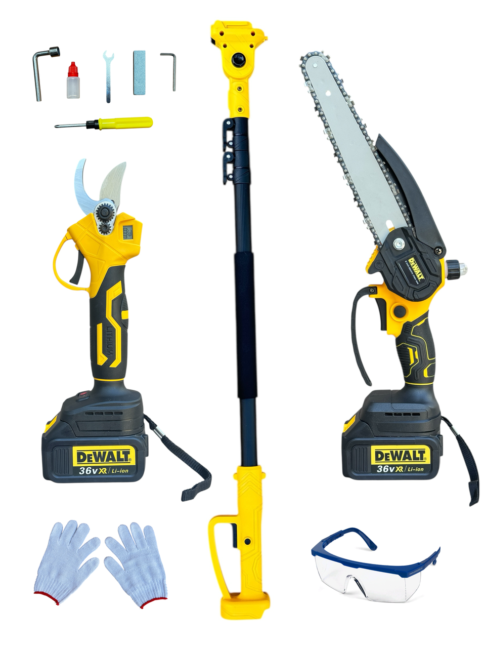 Набір 3в1 АКБ DeWalt 36V 6А зі змащенням ланцюга (Пила DCM160HN + Секатор DCMPP540P1 Digital + штанга 3 м)