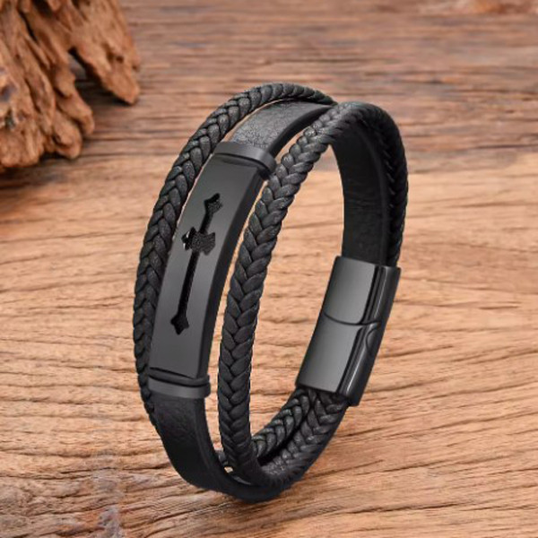 Чоловічий браслет шкіряний чорний NOFEAR розмір 17-19 см (довжина 21 см), фото 1