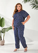 Літній жіночий костюм Балі темно-синій в білий горох (52-66)
