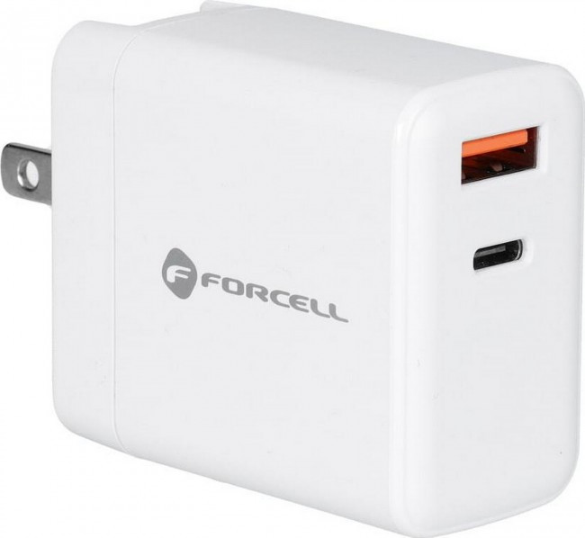 FORCELL F-ENERGY TFK-TC-45WPDAC Charger network 3w1 Typ C + USB A PD QC4.0 3A 45W z wymiennymi wtyczkami (EU / UK / US) White