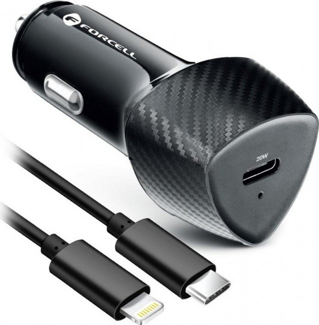 FORCELL F-ENERGY Carbon CC50-1C Charger car Typ C + Cable Typ C do Lightning PD 3A 20W Black
