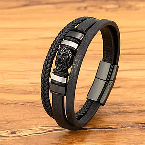 Чоловічий браслет шкіряний чорний KINGSROCK розмір 17-19 см (довжина 21 см)