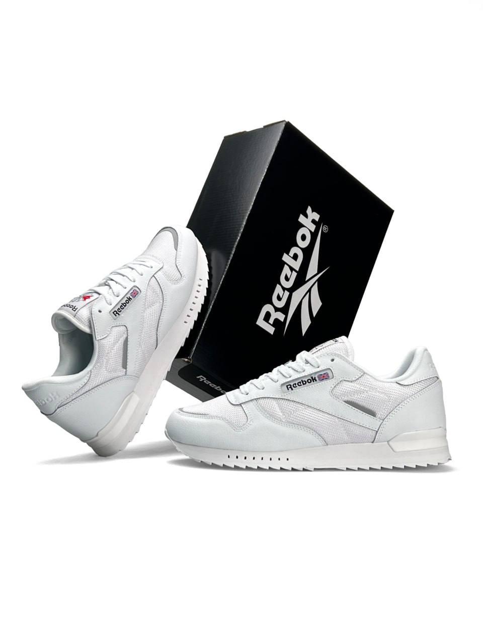 Чоловічі кросівки шкіра текстиль Reebok Classic New All White, кеди Рибок шкіряні текстильні. Чоловіче взуття