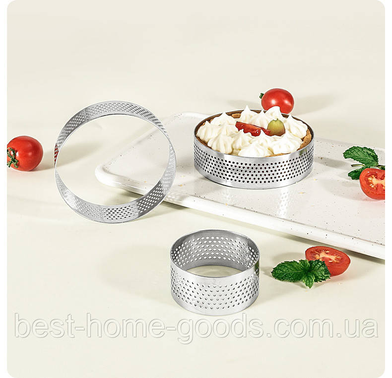 Кондитерське кільце для тартів 100 мм з перфорацією з нержавіючої сталі – тарталеток, пісочного тіста + діаметри 80 мм / 65 мм, фото 1