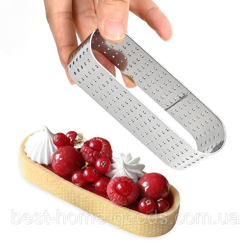 Перфорована овальна форма для тарталеток і еклерів 12×3.5×2 см з харчової нержавіючої сталі – професійна кондитерська форма, фото 1