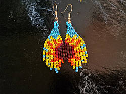 Сережки з бісеру ручної роботи "Яскраве полум’я" — етнічні довгі сережки
