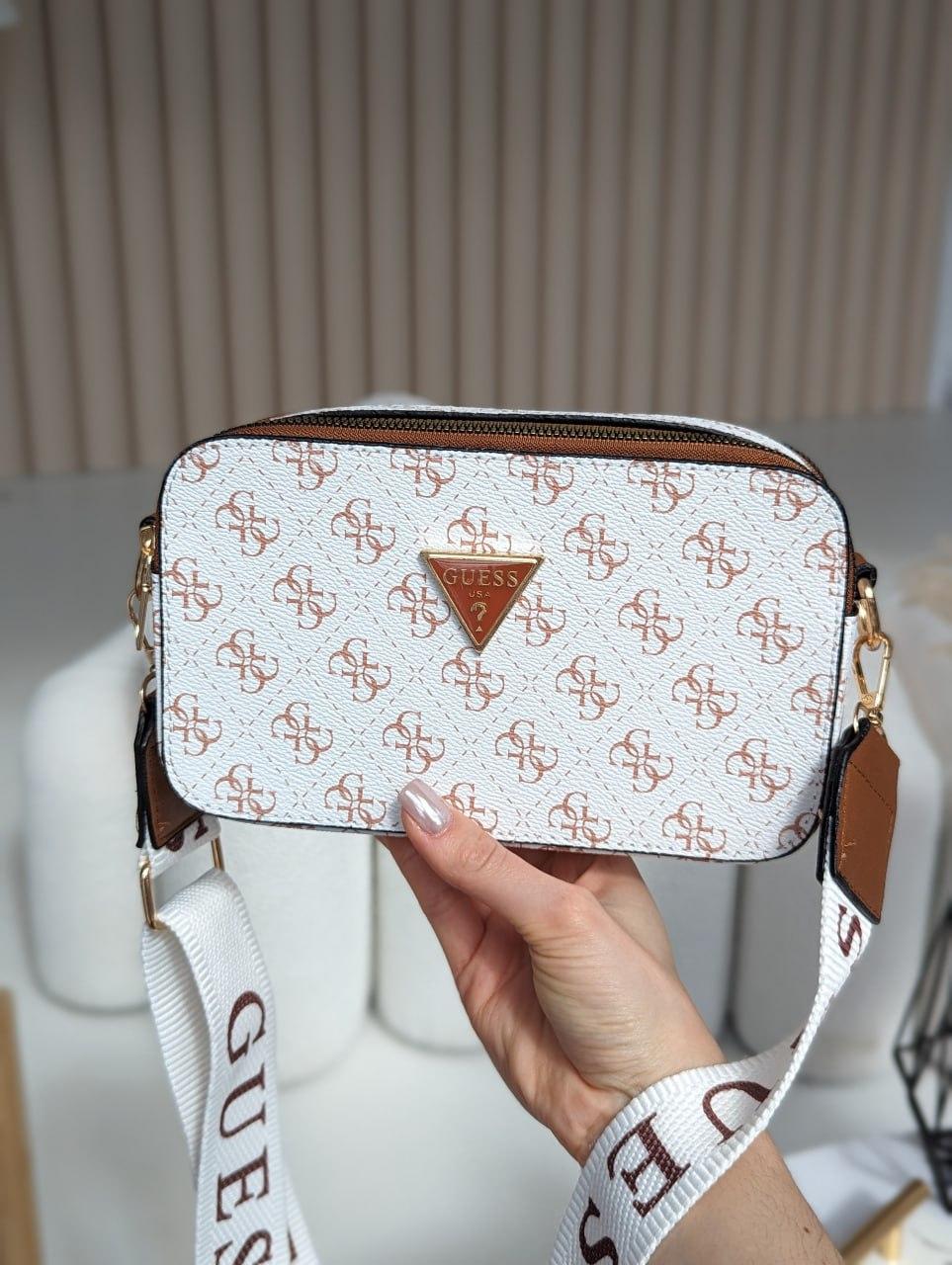 Жіноча сумка Guess The Snapshot Bag White Brown Біла Екошкіра Крос Боді на 2 відділення широкий ремінь Гесс, фото 1