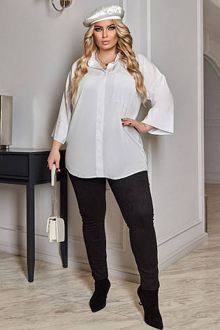 Жіноча біла сорочка батал без застібок вільний крій широкий рукав, фото 2