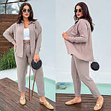 Кавовий жіночий лляний прогулянковий костюм батал: сорочка та штани на гумці, фото 2