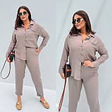 Кавовий жіночий лляний прогулянковий костюм батал: сорочка та штани на гумці, фото 3